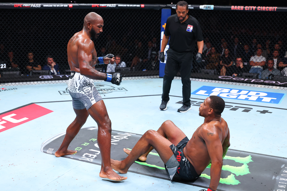 Khalil Rountree Jr. stands over Jamahal Hill after a knockdown during the UFC Baku main event. Rountree’s superior striking and leg kicks kept Hill on the canvas multiple times in the fight.